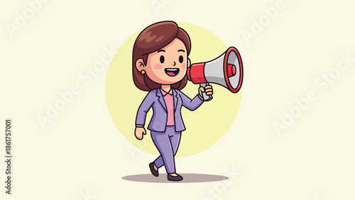 Smiling cartoon businesswoman holding a megaphone for announcement.