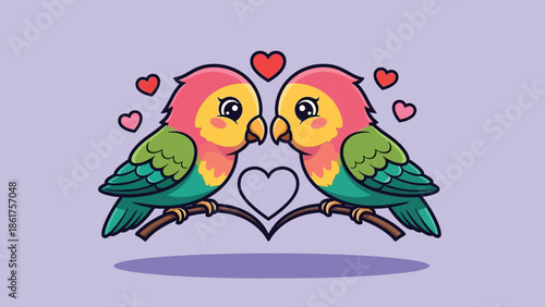 Two adorable cartoon lovebirds with colorful plumage perched on a heartshaped branch surrounded by small floating hearts vector art.