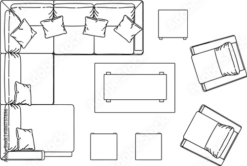 Outline living room furniture floor plan showing sofa armchair table layout top view interior design vector illustration modern editable