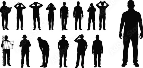 Human male silhouette poses collection showing standing thinking reading gestures people shadow figures vector illustration isolated editable design