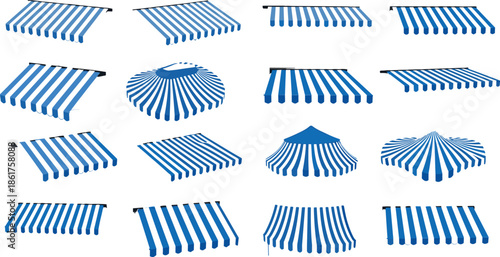 Blue striped awning canopy variations set showing shop sunshade tent roof designs flat vector illustration collection modern commercial outdoor use