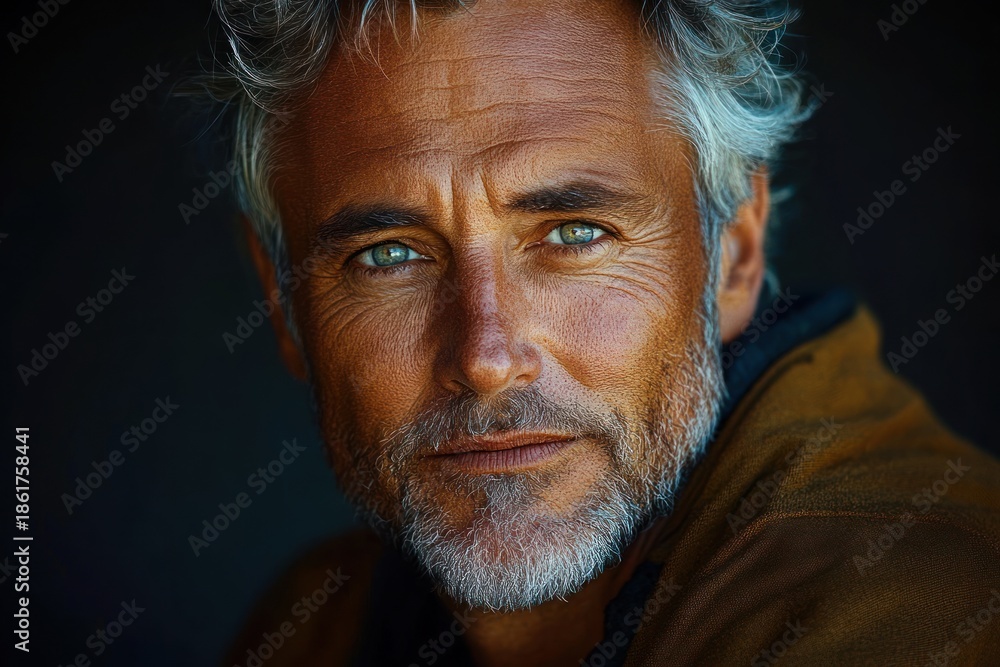 Obraz premium Close moody studio portrait of a contemplative older man with gray hair, side profile wearing a brown jacket with dark collar, dramatic rim lighting and thoughtful atmosphere
