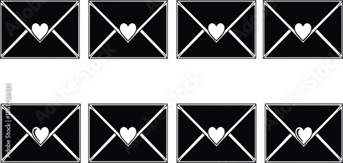 Love letter envelope icon set with heart symbol, minimalist black and white mail illustration for Valentine romance message design