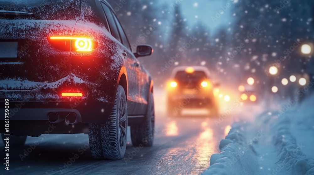Naklejka premium rear view of a snow-covered car on an icy road at dusk, glowing taillights and falling snow with blurred headlights ahead evoking a cautious cold winter drive