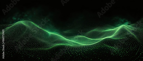 glowing green particle wave landscape of undulating data hills with misty highlights, serene futuristic atmosphere