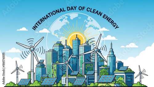 International day of clean energy, cityscape with wind turbines and solar panels, sustainable urban landscape with renewable energy sources, eco friendly city, green