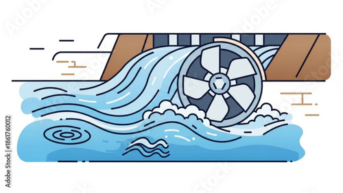Hydroelectric dam turbine generating power with flowing water waves and swirl