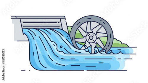 A vibrant illustration of a waterwheel with flowing water, green grass, and a white background, showcasing a serene and natural scene with a gray wheel and blue water