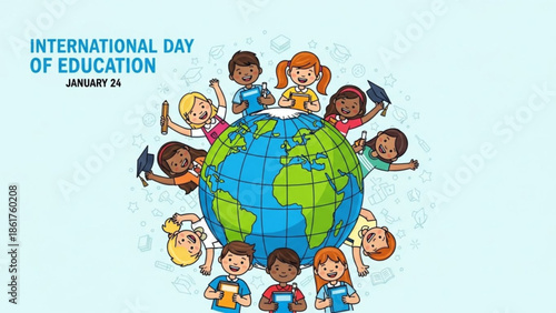 Diverse children celebrating international day of education around the globe with books and graduation caps