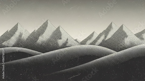 A serene landscape of stylized snow covered mountains with rolling hills in a monochromatic color scheme evoking a sense of calmness and tranquility in nature