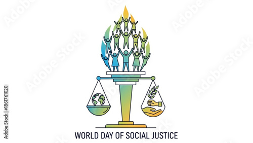 Social justice concept illustration with people standing on scales balancing earth and plant, world day of social justice theme, equality and activism symbol
