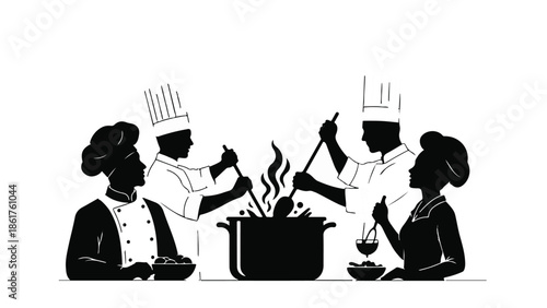 Diverse culinary team collaborates on a delicious dish in a professional kitchen setting.