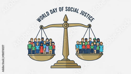 World day of social justice illustration with balanced scale and diverse people, equality and fairness concept