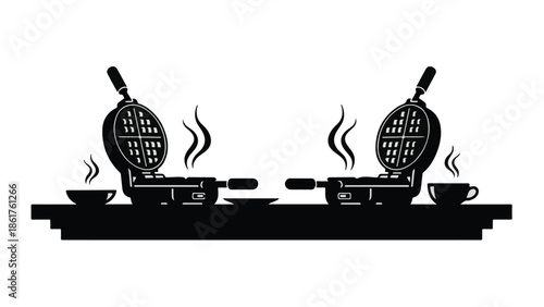Silhouetted waffle makers preparing breakfast with steam rising from cups.