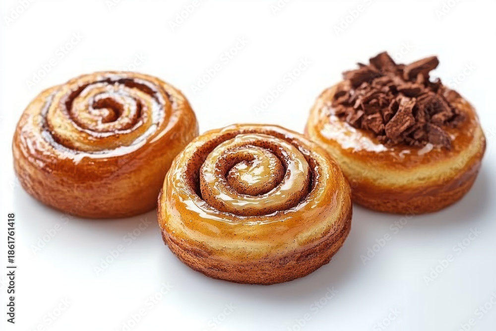 Fototapeta premium Three golden glazed cinnamon swirl pastries, two classic spiral buns and one topped with chocolate shavings, glossy and inviting homemade indulgence