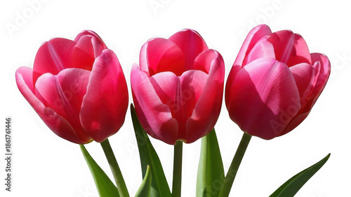 Vibrant trio of blooming pink tulips on white background