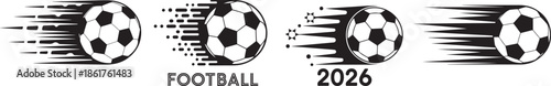Football 2026 speed motion vector set with flying soccer balls, dynamic action icons in minimalist black and white style