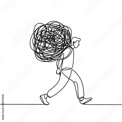 Man carrying a tangled mess on his shoulders line art illustration