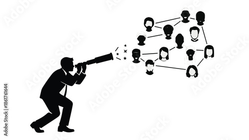 Businessman uses telescope to connect with a diverse network of people