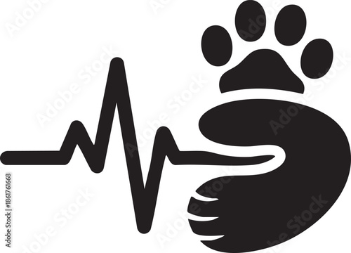 Animal rescue heartbeat symbol with paw print and hand