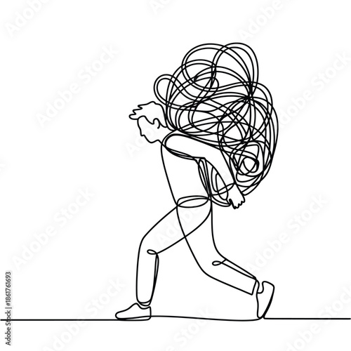 A person struggles under the weight of tangled lines a line art depiction