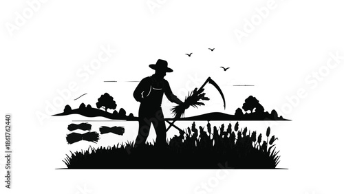 Silhouette of a farmer harvesting crops with a scythe at sunset.