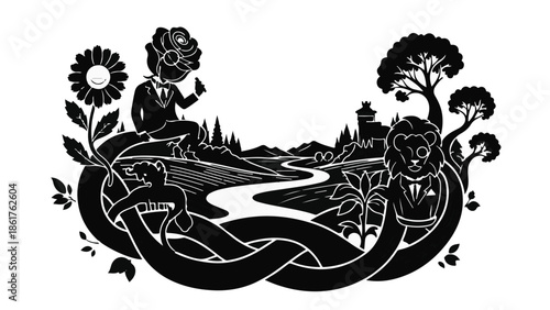 Whimsical surreal landscape with anthropomorphic rose and lion characters in formal attire, evoking a dreamlike fantasy world.