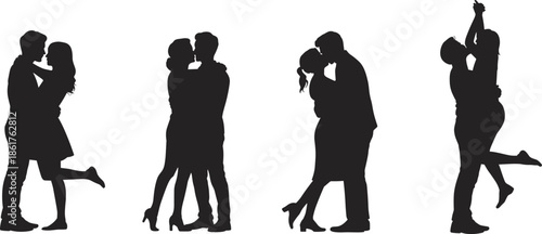 Romantic couple silhouette set showing love, kiss, embrace poses, man and woman relationship, black vector illustration isolated on white background