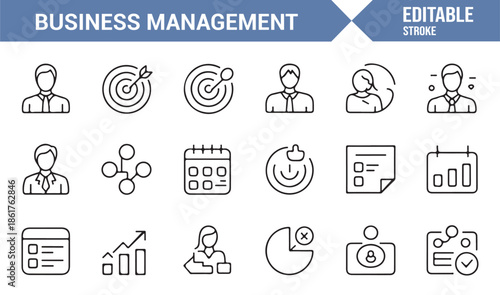 Business management outline icons set for productivity and planning