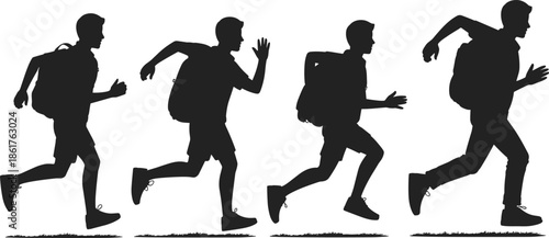 Running man silhouette sequence with backpack on white background, motion stages, hiking travel concept, active lifestyle vector illustration design