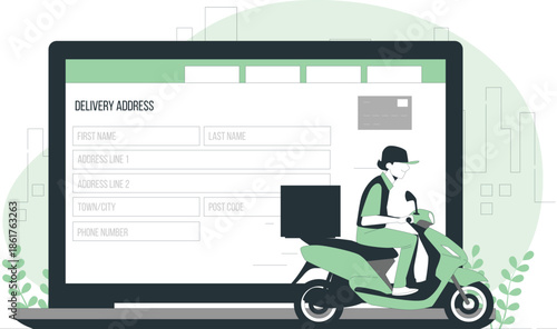 A delivery person on a scooter is shown on a laptop screen with a delivery address form