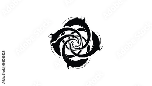 Abstract black swirling vortex on a clean white background, evoking a sense of motion and mystery.