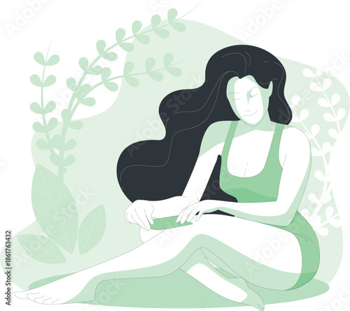 A serene woman relaxing in a lush green environment surrounded by foliage