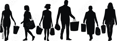Shopping people silhouettes collection, men women carrying bags, retail consumer lifestyle illustration, black crowd vector isolated on white background design