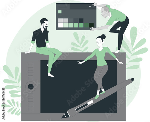 Designers collaborating on a graphic design project on a large digital tablet with stylus and interface elements displayed.