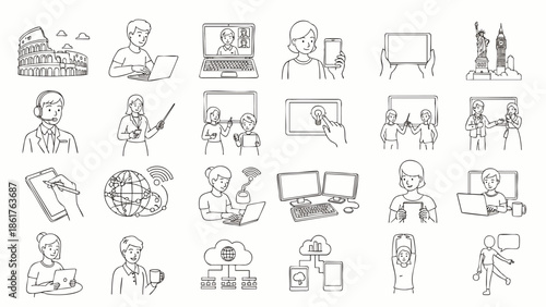 Hand-drawn icons of people using technology, business, and travel landmarks
