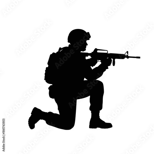 Silhouette of soldier kneeling with assault rifle, military, action, combat, army
