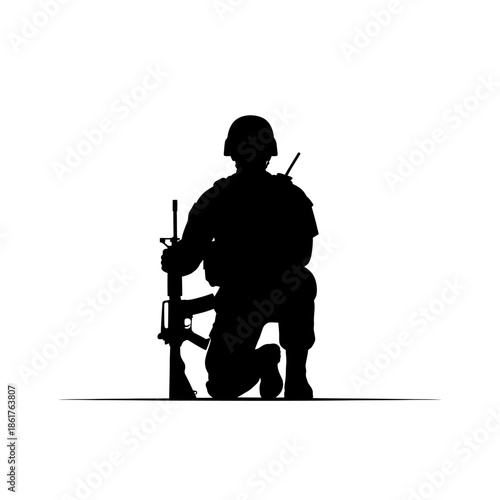 Silhouette of a kneeling soldier with a rifle, ready for action, military concept