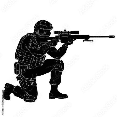 Silhouette Sniper Soldier Kneeling Aiming Rifle Scope