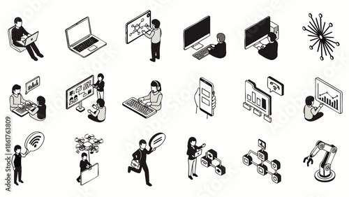 Isometric icons set depicting technology, innovation, and modern business processes