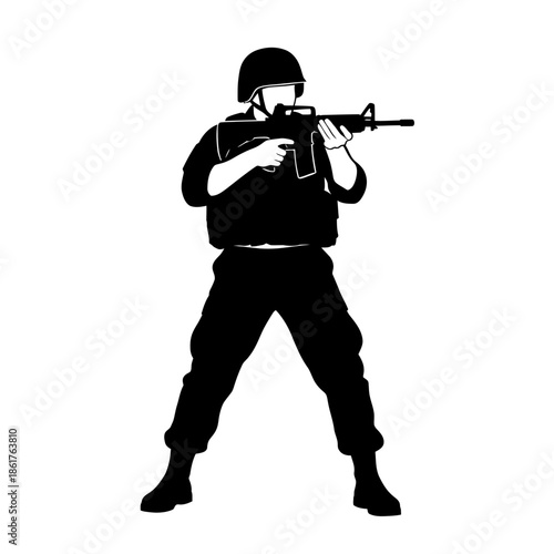 Silhouette Soldier Aiming Assault Rifle, Military Action, Special Forces Combat