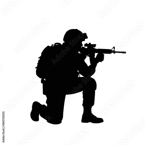 Soldier Silhouette Kneeling Aiming Rifle Gun Weapon Tactical Gear Military Combat