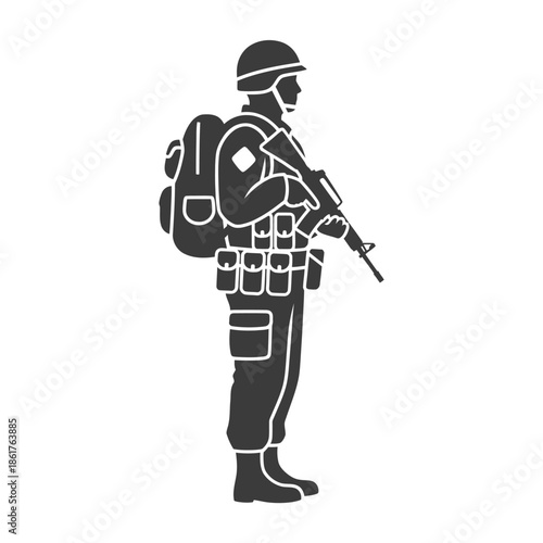 Military Soldier Silhouette Icon with Rifle and Backpack, Vector Art