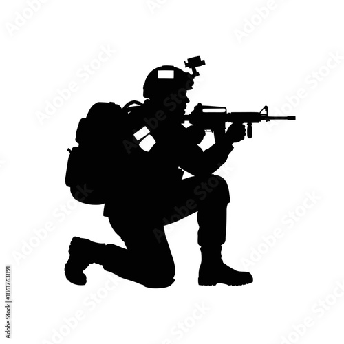 Silhouette Soldier Kneeling with Rifle and Backpack, Military Action Pose
