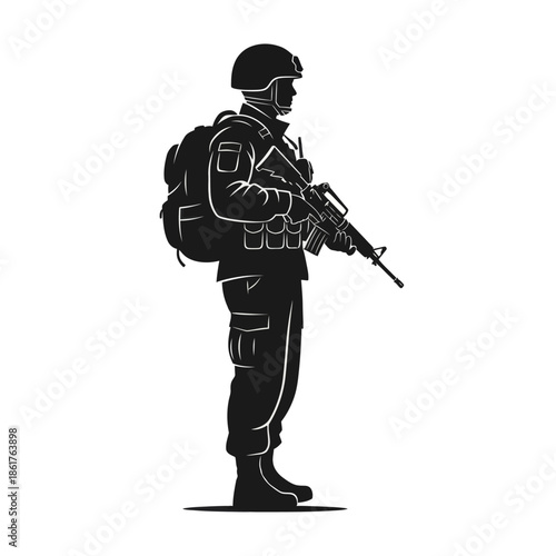 Silhouette of a soldier in uniform holding a rifle, ready for duty