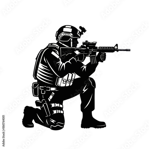 Special Forces Soldier Aiming Rifle, Kneeling Position, Tactical Gear, Military Silhouette
