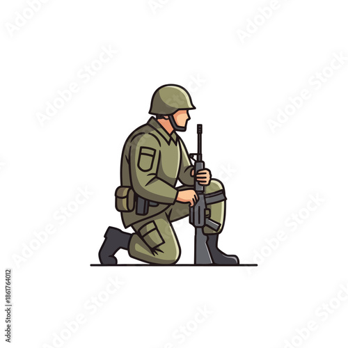 Soldier in uniform with rifle kneeling, military, army, defense, protection, war, combat, concept illustration