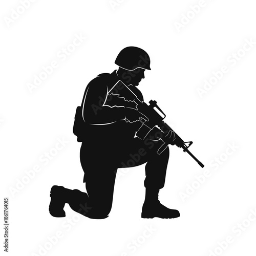 Silhouette of Soldier Kneeling with Rifle, Military Action Pose