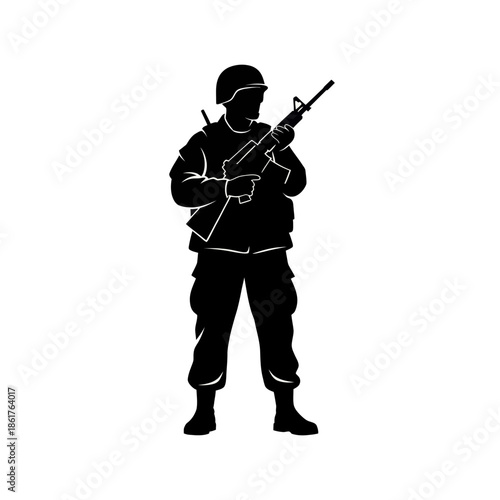 Silhouette of Soldier Holding Rifle, Military Combat Ready, White Background