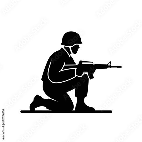 Soldier Kneeling Silhouette with Rifle, Military Icon, Warfare Symbol, Army Combatant